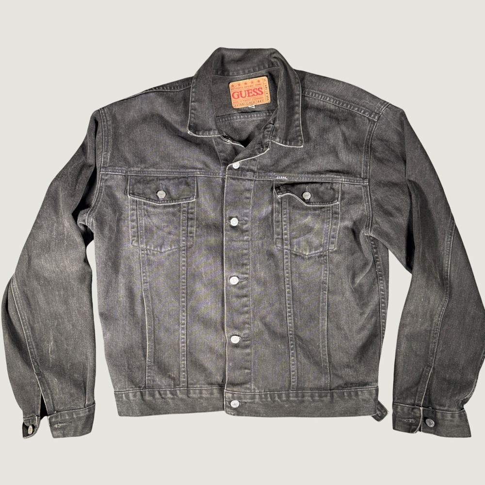 Vintage Guess USA Mens XXL Faded Black Denim Trucker Jacket Made in USA 39807